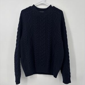 Brooks Brothers Saxon Cable Knit Sweater 100% Wool Men's Size Medium Navy Blue